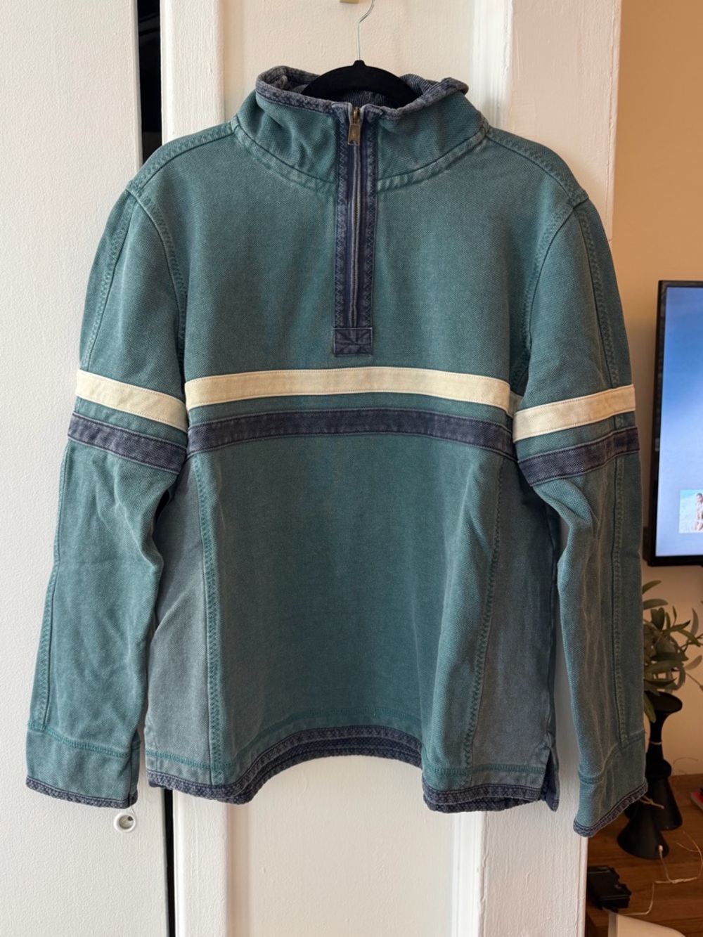 Fat Face Men's Teal Zip-Up Sweater with Cream and Navy Stripes